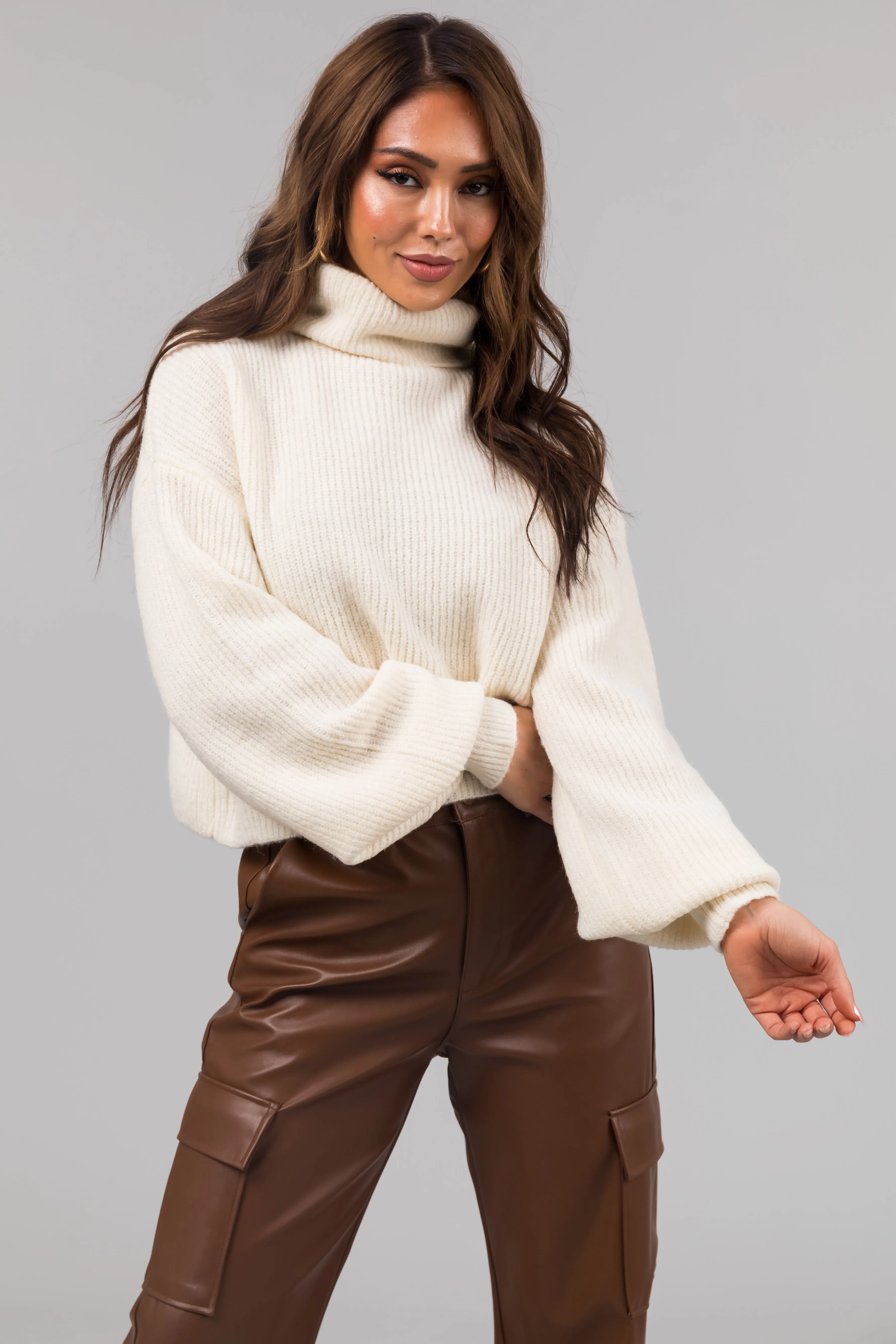 Cream Turtleneck Cropped Bubble Sleeve Sweater sold by Lime Lush product image thumbnail 3