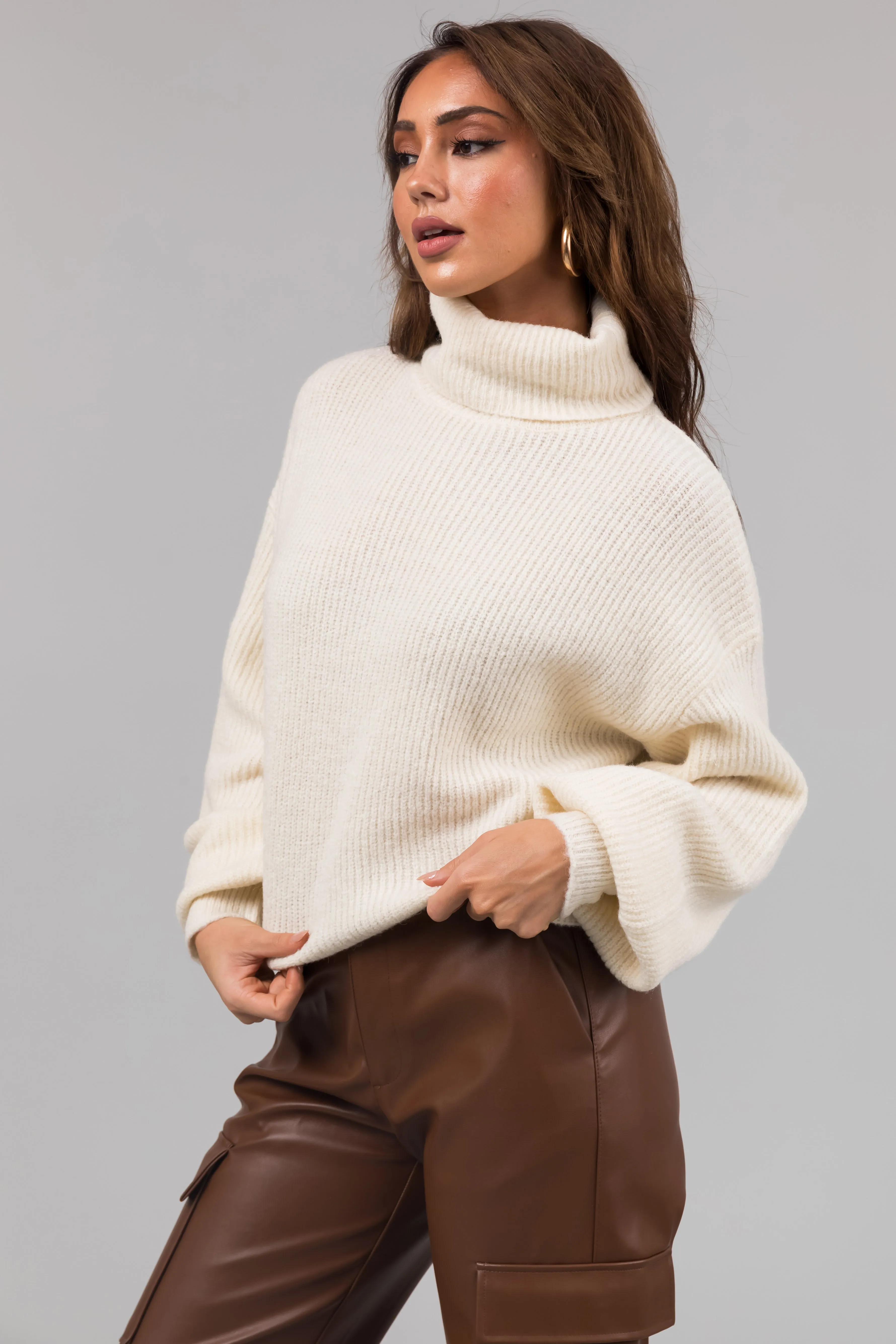Cream Turtleneck Cropped Bubble Sleeve Sweater sold by Lime Lush product image thumbnail 5