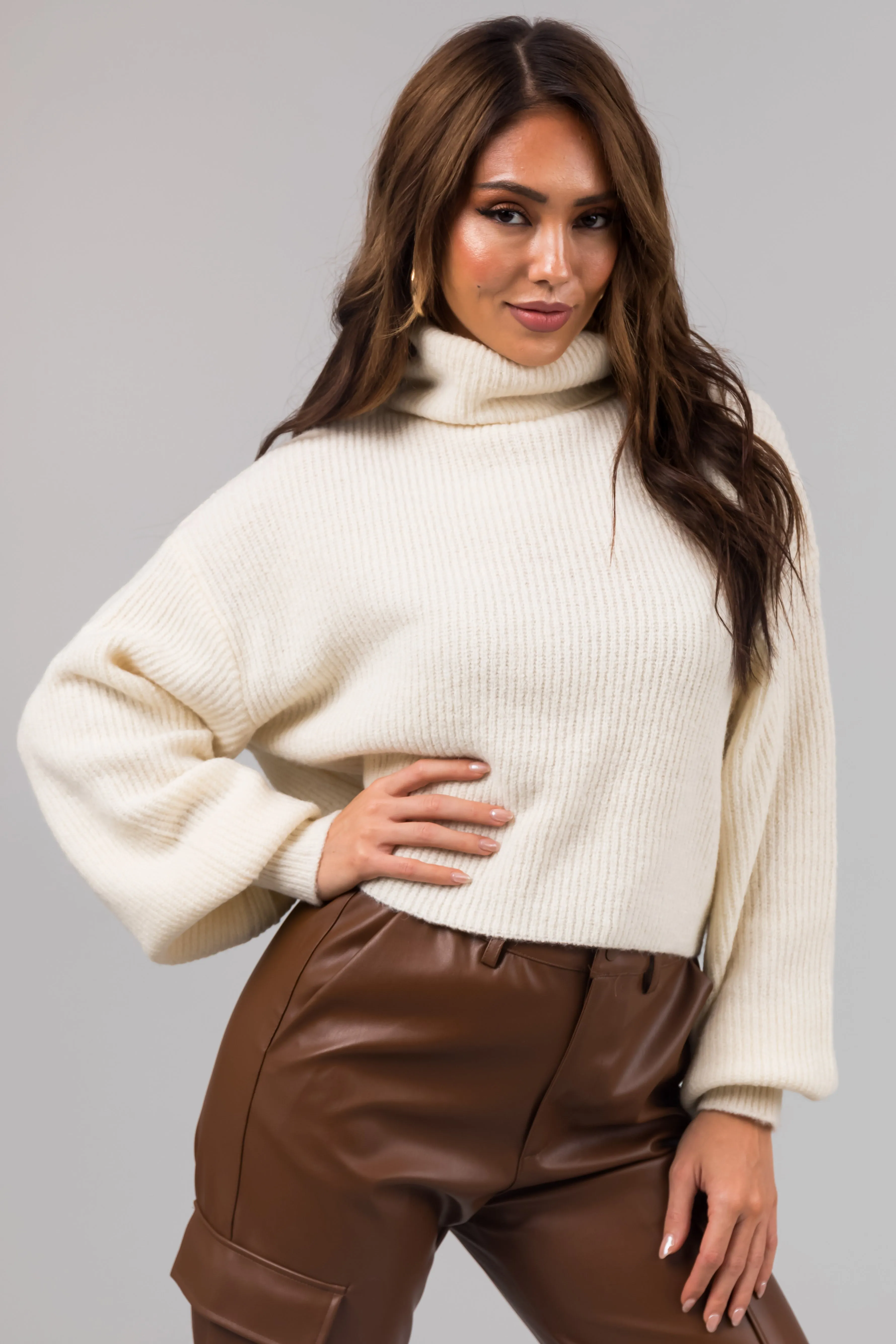 Cream Turtleneck Cropped Bubble Sleeve Sweater sold by Lime Lush