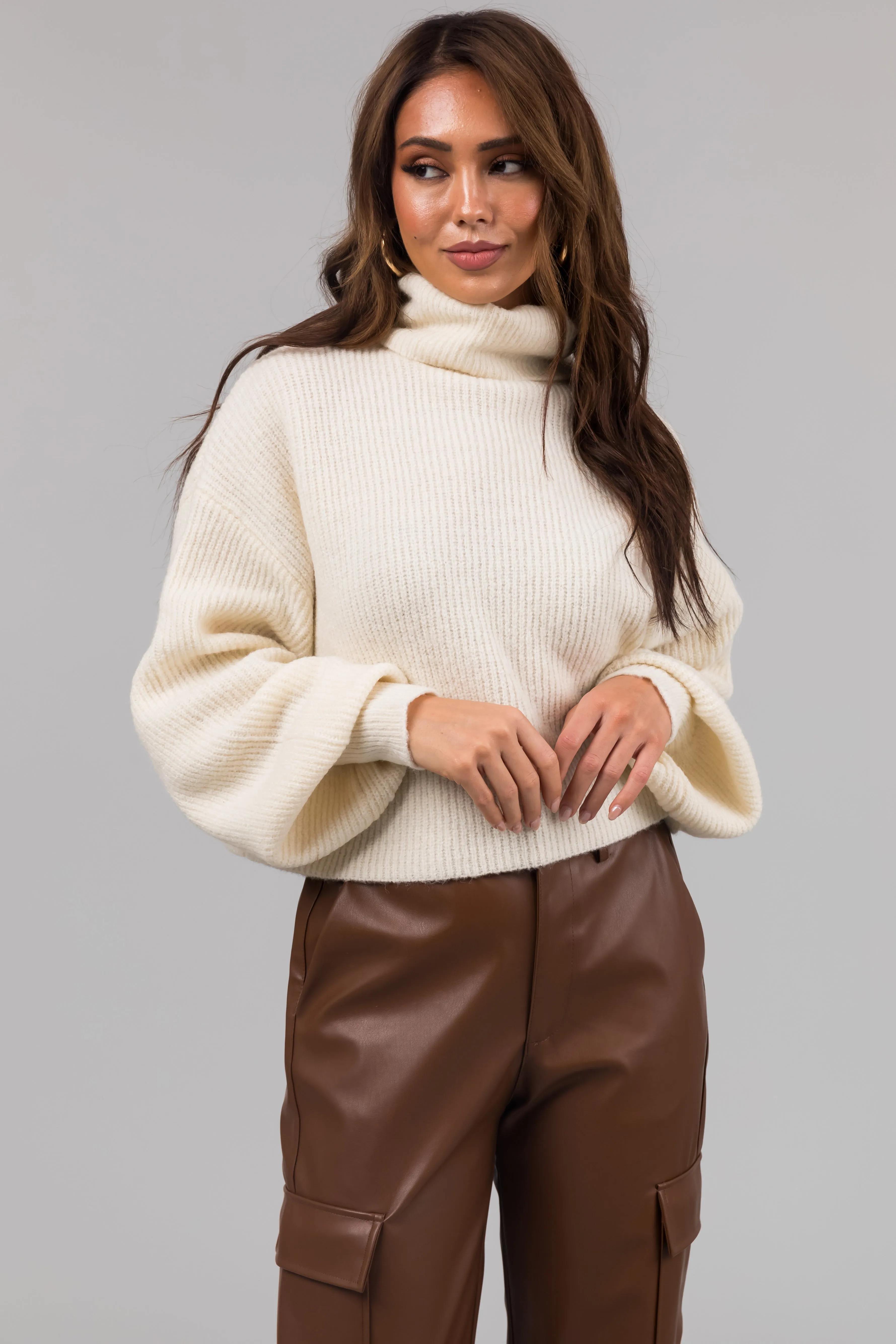 Cream Turtleneck Cropped Bubble Sleeve Sweater sold by Lime Lush product image thumbnail 2