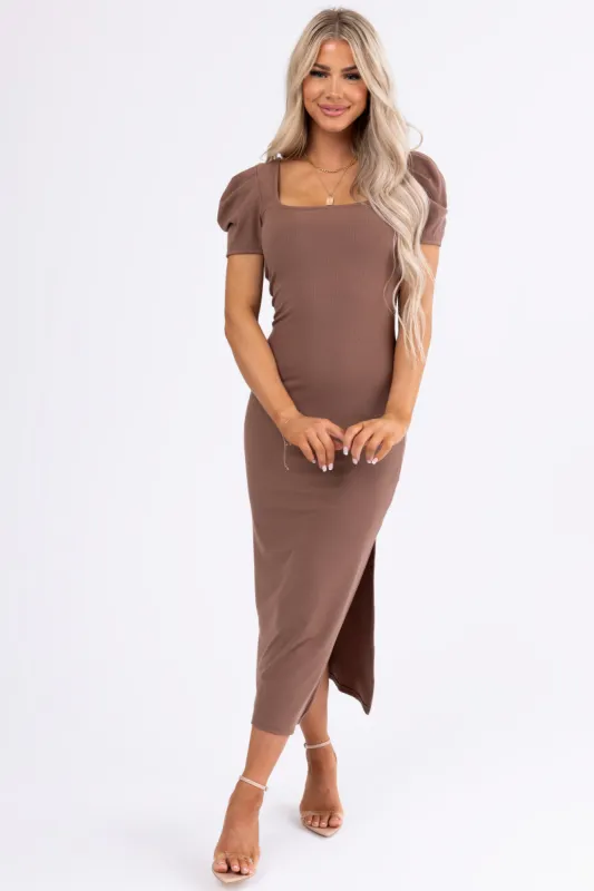 Sepia Side Slit Textured Knit Midi Dress sold by Lime Lush