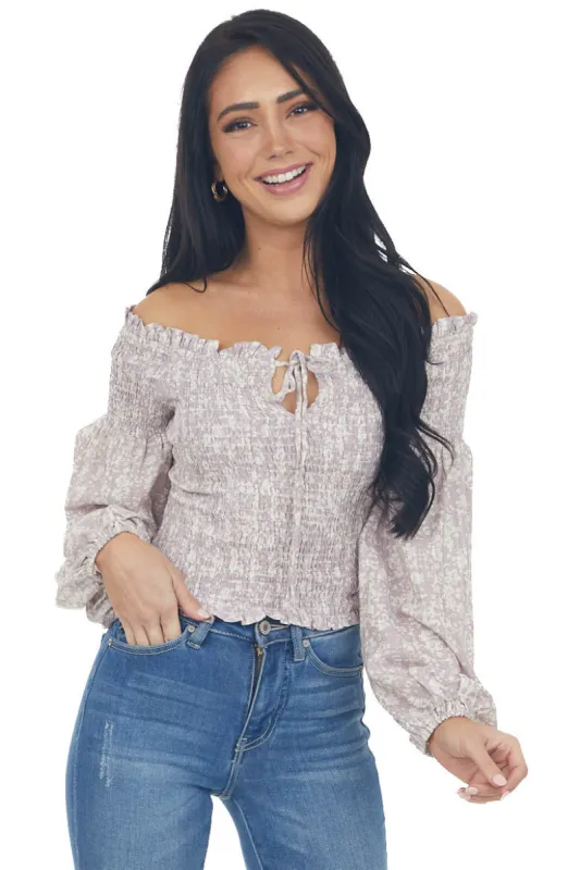 Lilac and Ivory Printed Smocked Off the Shoulder Blouse sold by Lime Lush