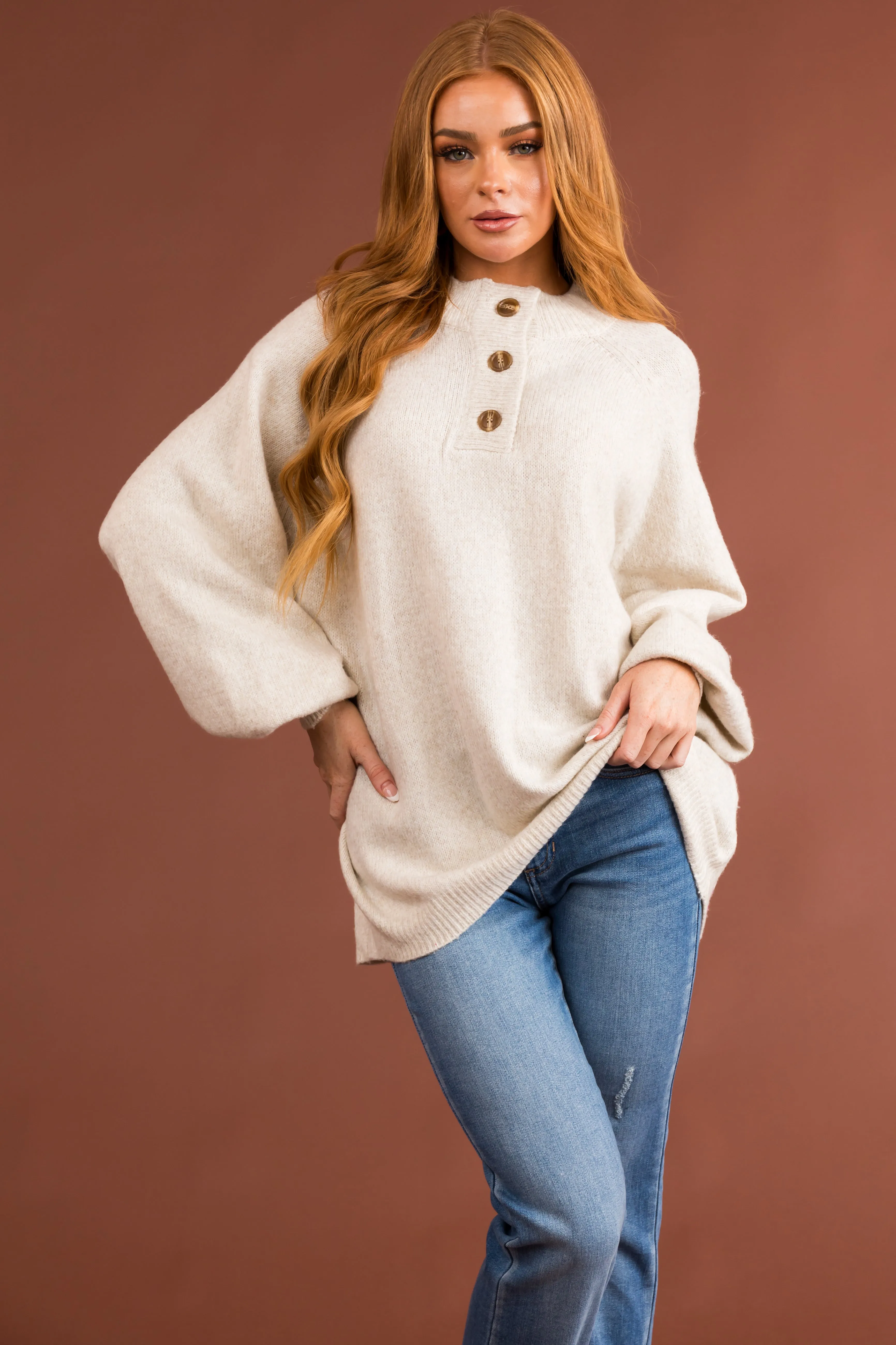 Vanilla Half Button Up Long Sleeve Sweater sold by Lime Lush product image thumbnail 2