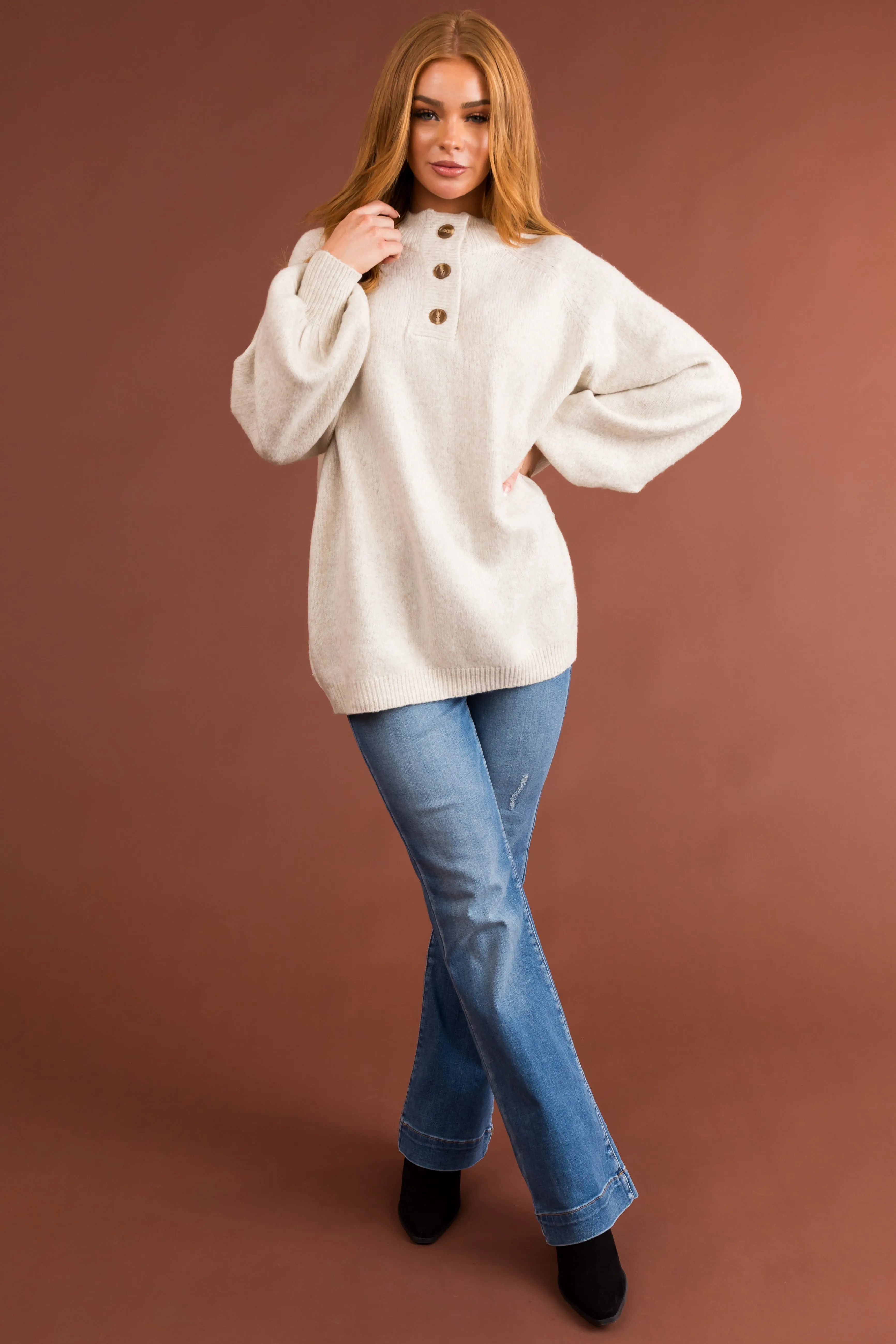 Vanilla Half Button Up Long Sleeve Sweater sold by Lime Lush product image thumbnail 3