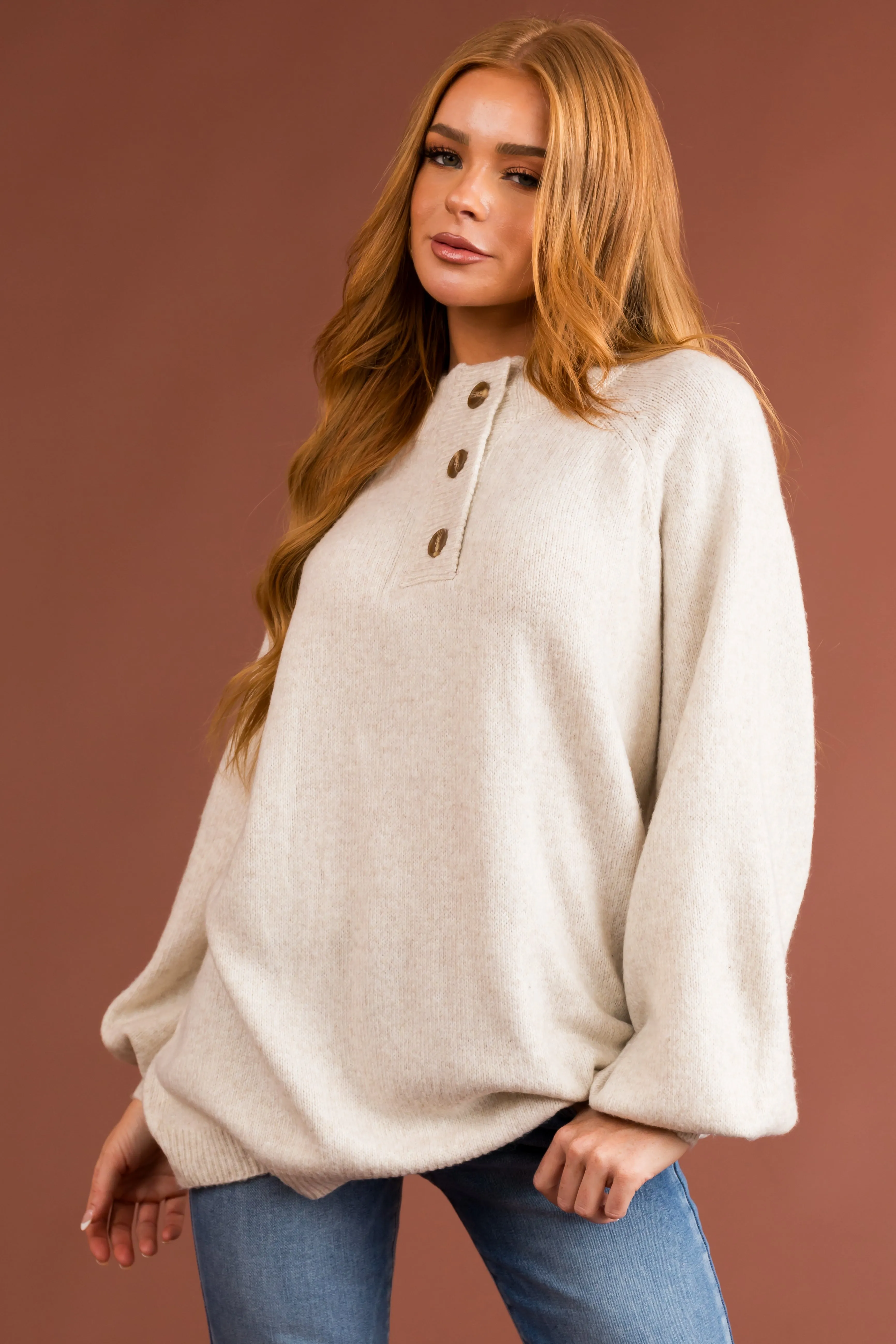 Vanilla Half Button Up Long Sleeve Sweater sold by Lime Lush