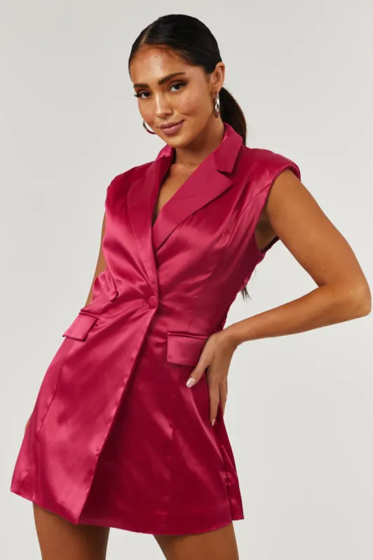 Rich Berry Satin Collared Sleeveless Blazer Romper sold by Lime Lush