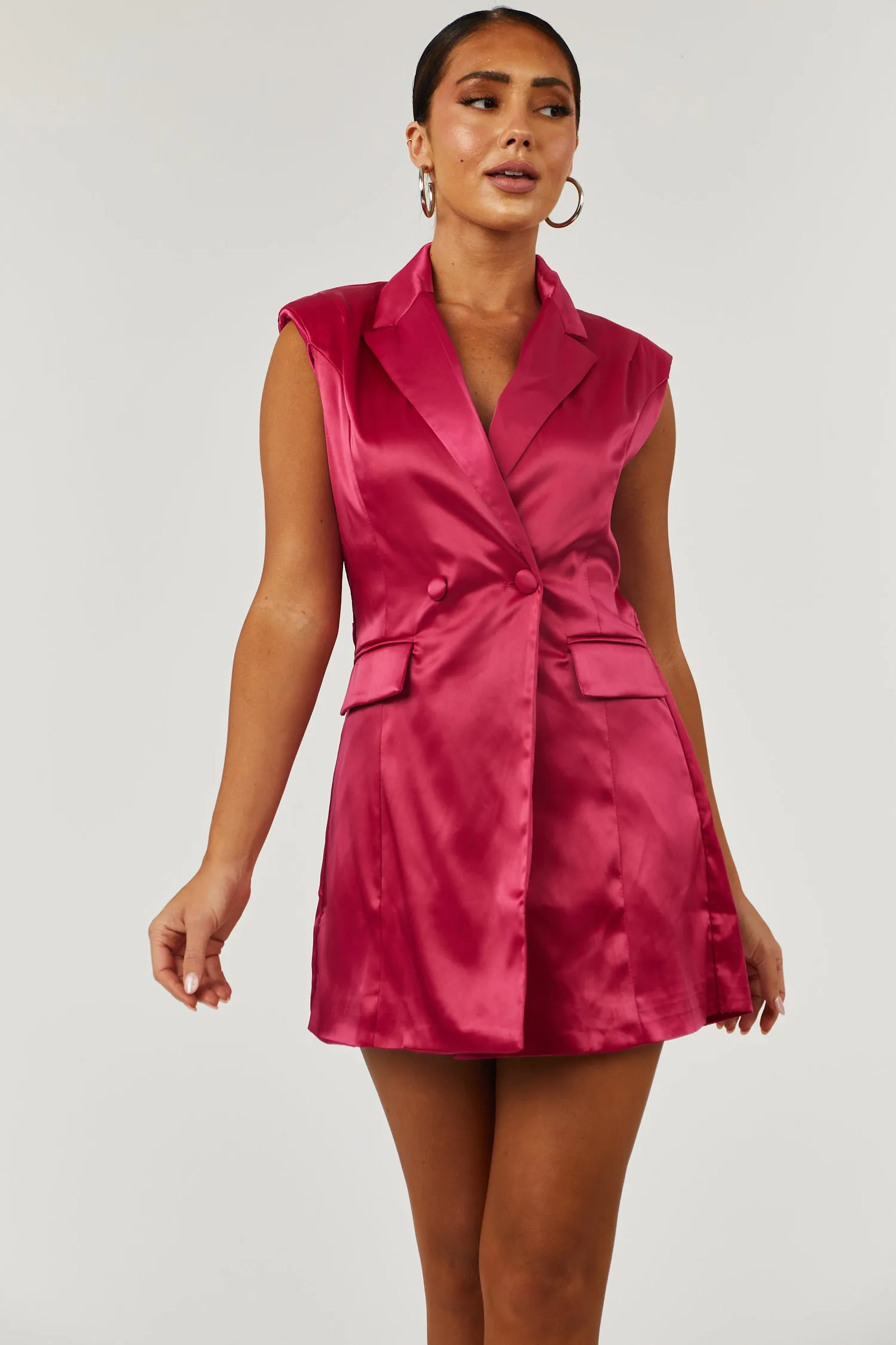 Rich Berry Satin Collared Sleeveless Blazer Romper sold by Lime Lush product image thumbnail 2