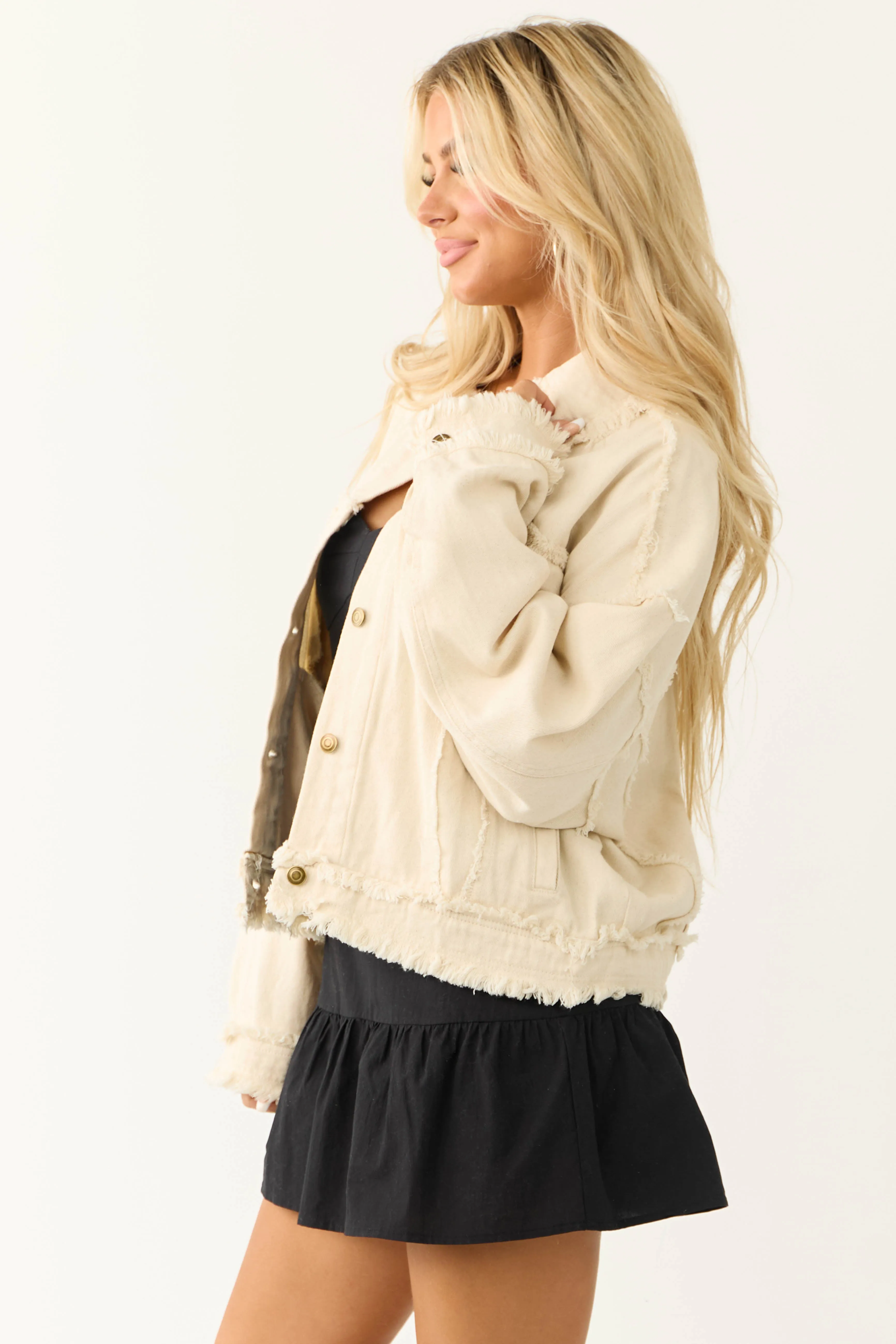Cream Denim Frayed Button Down Collared Jacket sold by Lime Lush product image thumbnail 4