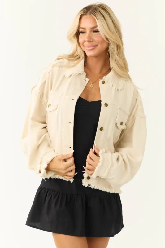 Cream Denim Frayed Button Down Collared Jacket sold by Lime Lush