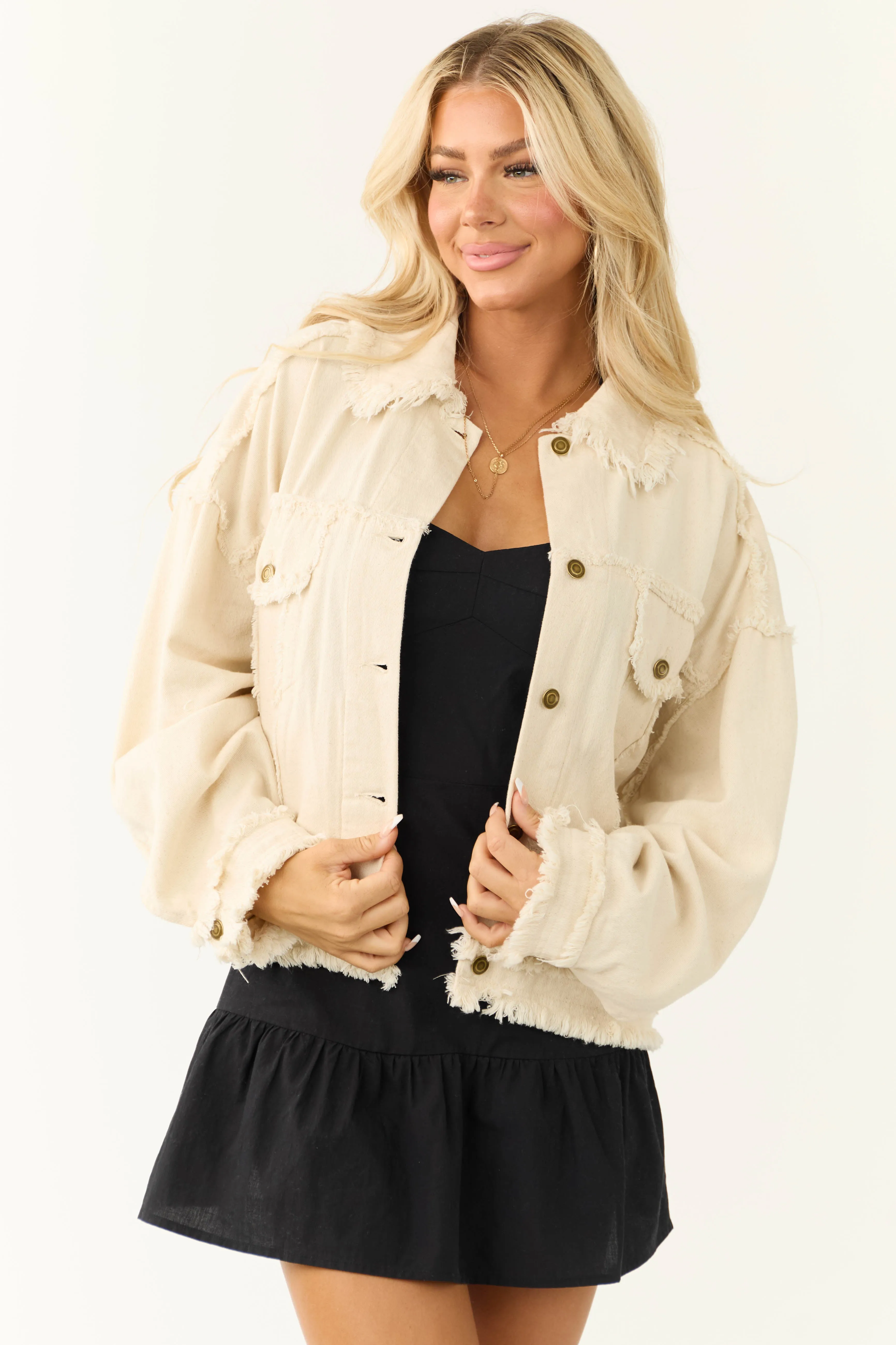 Cream Denim Frayed Button Down Collared Jacket sold by Lime Lush