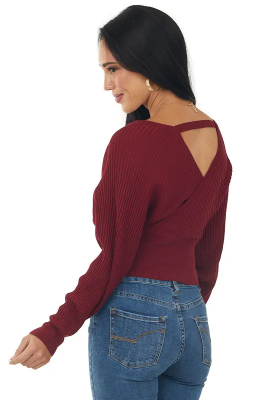 Cherry Red Surplice Long Sleeve Ribbed Sweater sold by Lime Lush