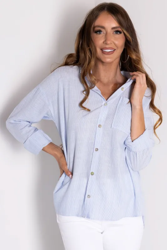 Sky Blue Striped Button Down Long Sleeve Top sold by Lime Lush
