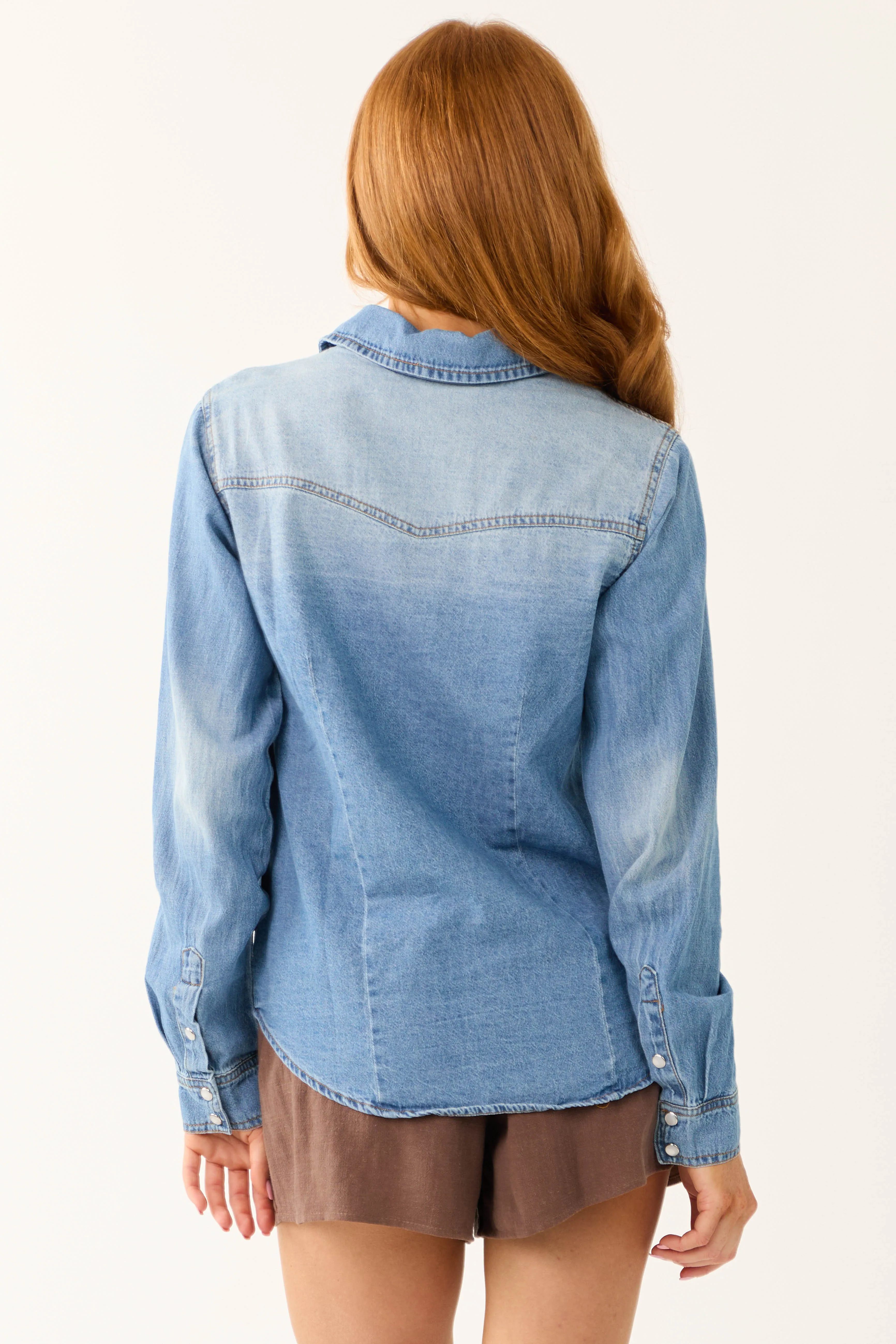 Medium Wash Long Sleeve Button Up Denim Shirt sold by Lime Lush product image thumbnail 5