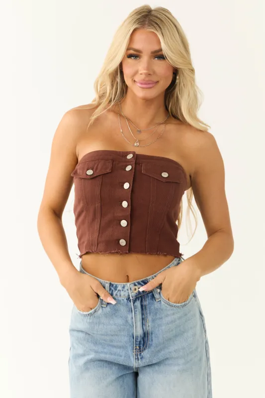 Chocolate Denim Strapless Button Up Corset Top sold by Lime Lush