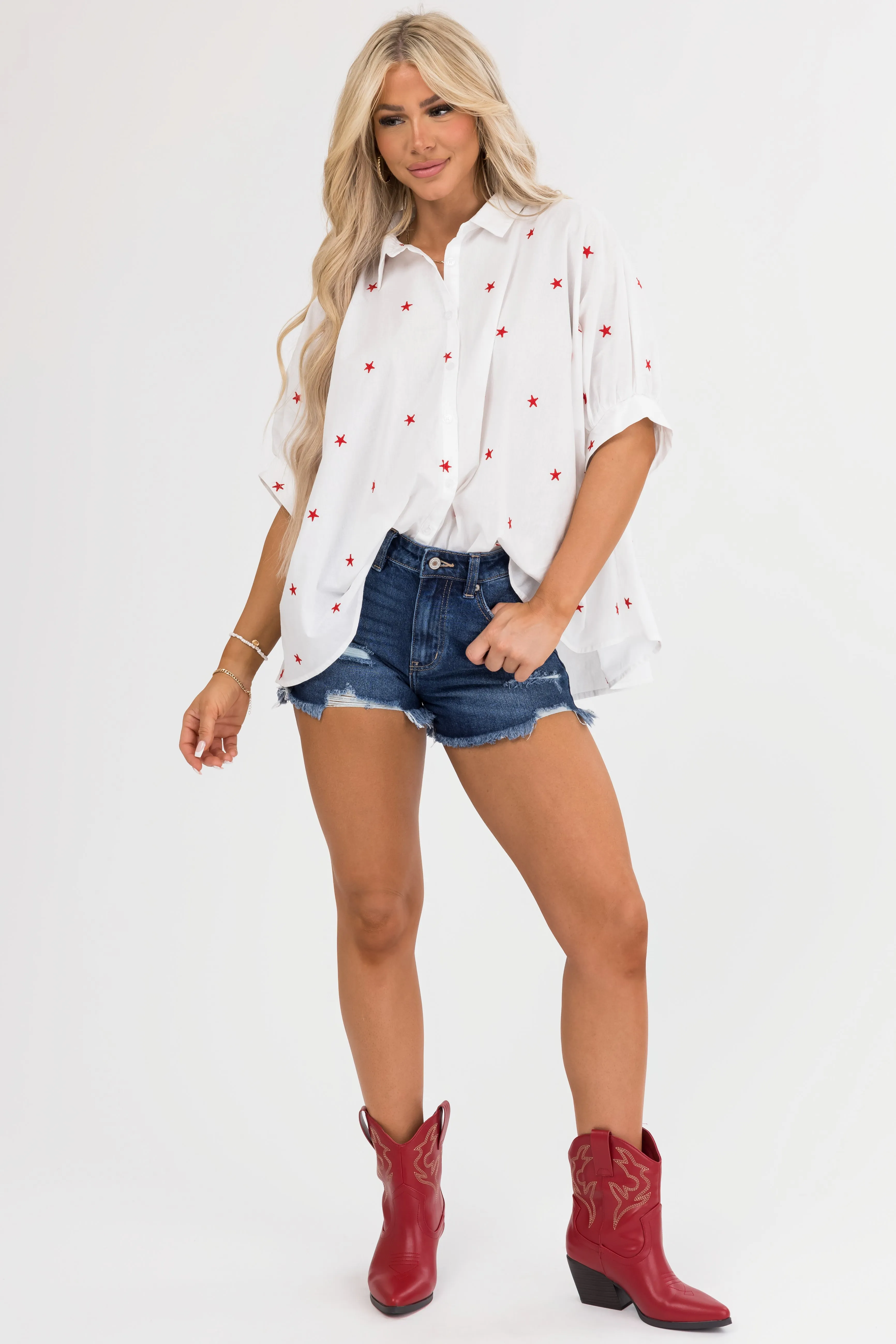 Off White Star Embroidered Button Up Oversized Shirt sold by Lime Lush product image thumbnail 5