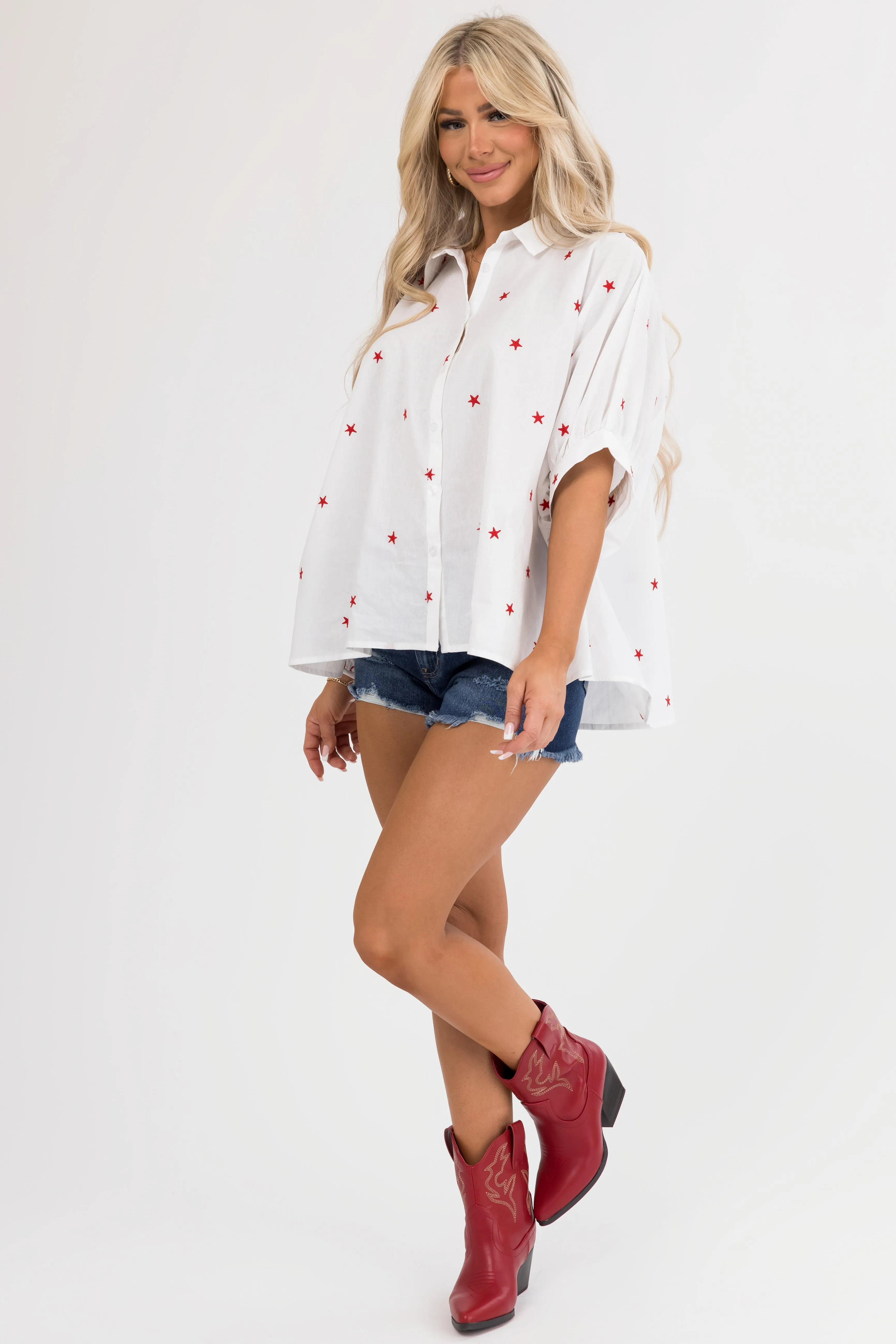 Off White Star Embroidered Button Up Oversized Shirt sold by Lime Lush product image thumbnail 4