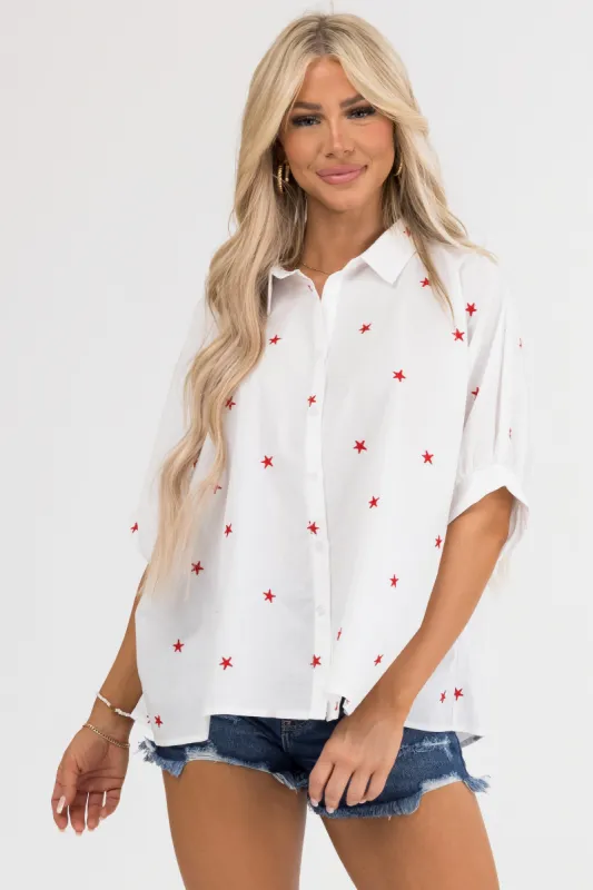 Off White Star Embroidered Button Up Oversized Shirt sold by Lime Lush