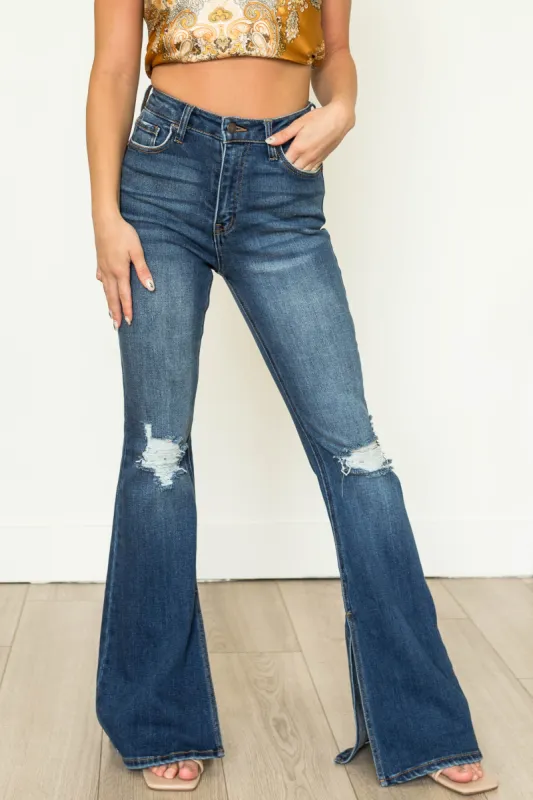 Cello Dark Wash High Rise Flare Jeans with Side Slits sold by Lime Lush