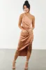 Pale Sandstone One Shoulder Satin Midi Dress sold by Lime Lush