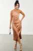 Pale Sandstone One Shoulder Satin Midi Dress sold by Lime Lush