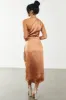 Pale Sandstone One Shoulder Satin Midi Dress sold by Lime Lush