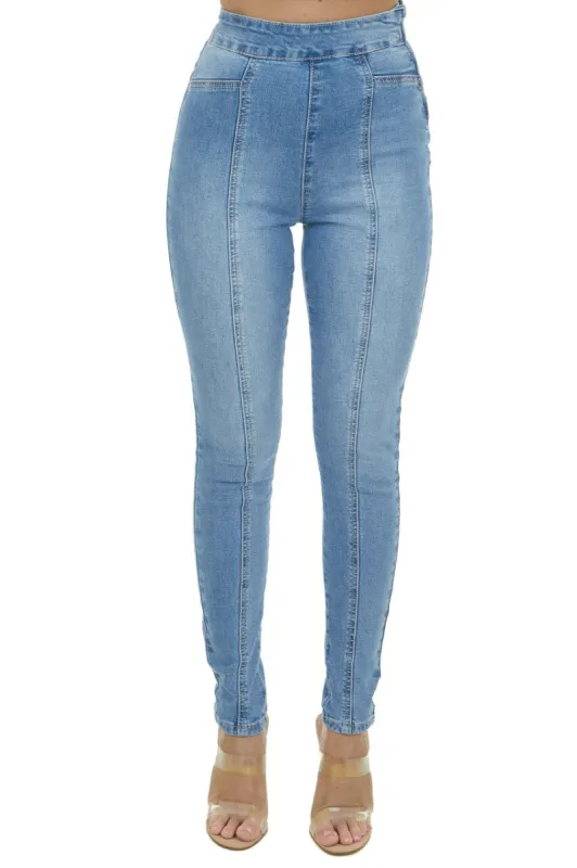 Flying Tomato Light Wash High Rise Front Seam Skinny Jeans sold by Lime Lush