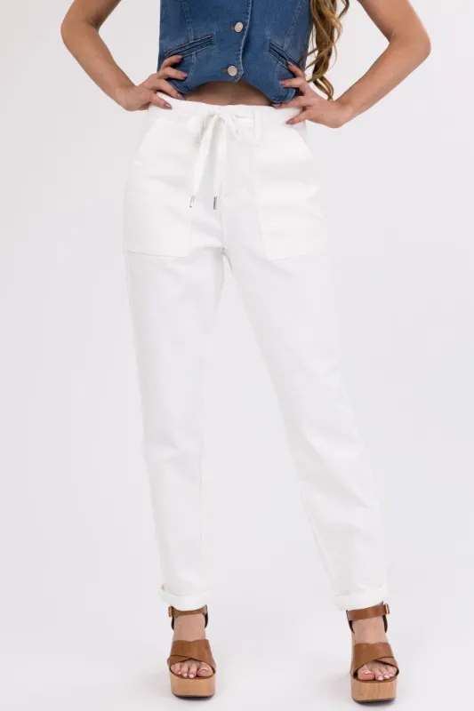 Judy Blue Ivory Drawstring High Waist Jeans sold by Lime Lush