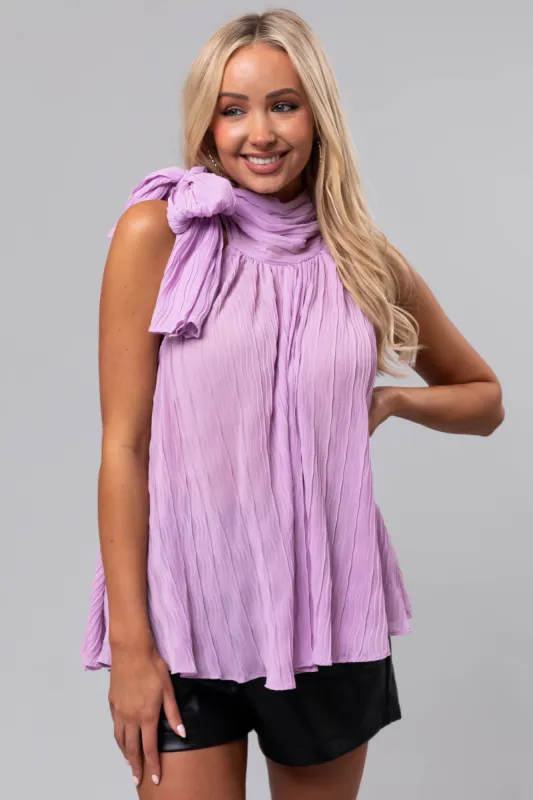 Lavender Sleeveless Neck Tie Pleated Blouse sold by Lime Lush