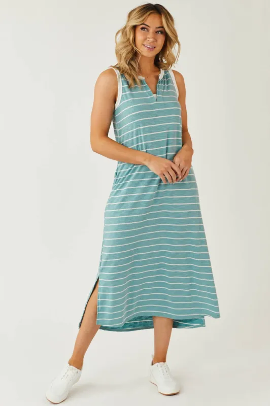 Heathered Teal Striped Notch Neck Midi Dress sold by Lime Lush