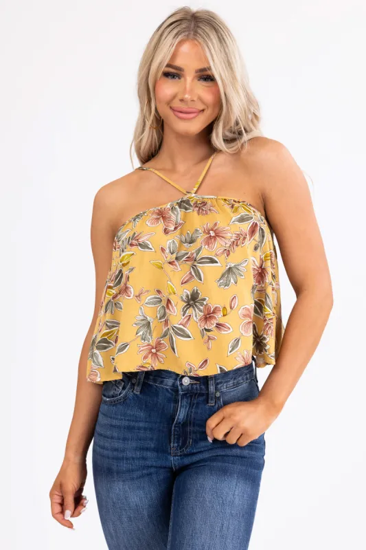 Mustard Floral Print Halter Sleeveless Top sold by Lime Lush