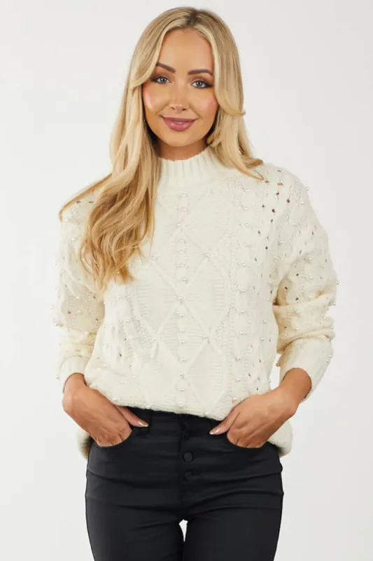 Ivory Pearl Beaded Cable Knit Sweater sold by Lime Lush