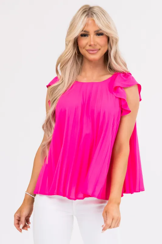 Hot Pink Pleated Ruffle Short Sleeve Woven Top sold by Lime Lush