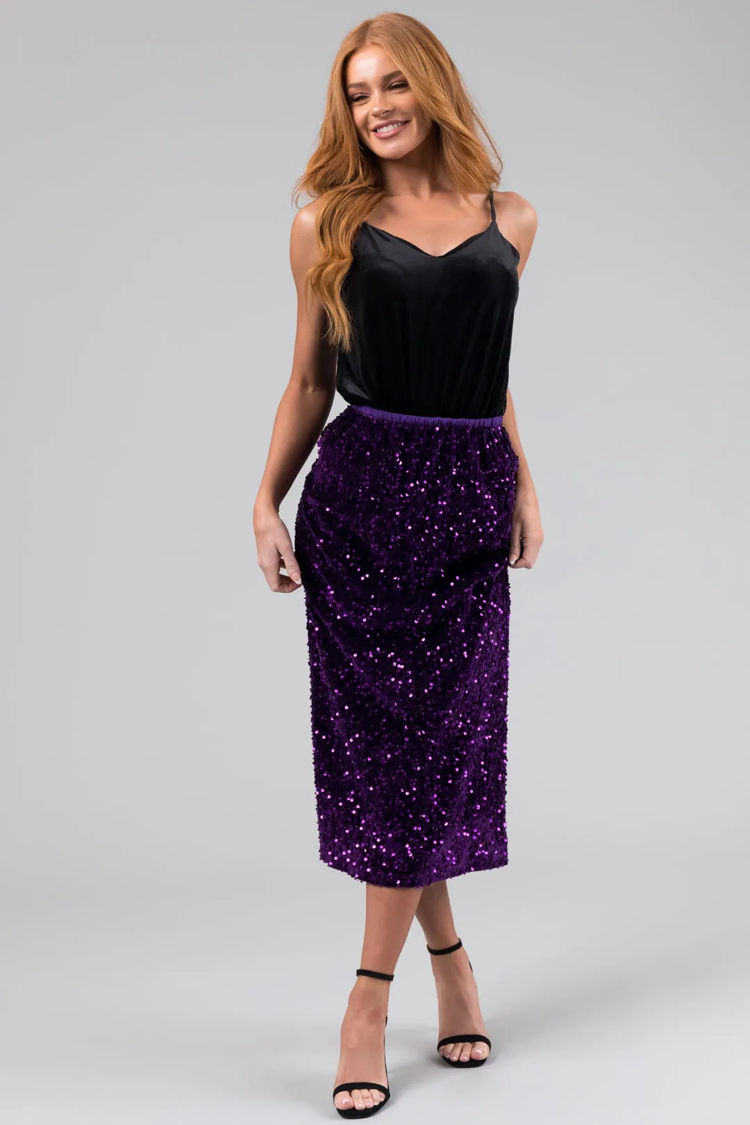 Grape Velvet Sequined Elastic Midi Skirt sold by Lime Lush product image thumbnail 5