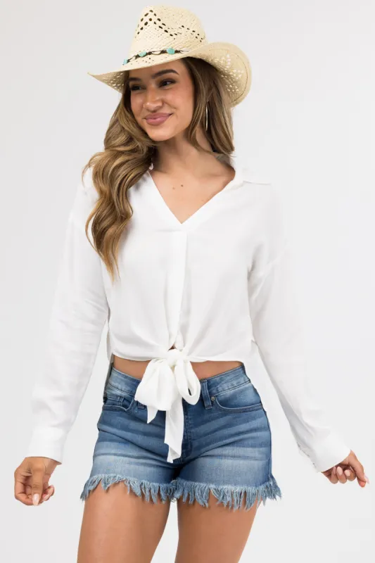 Ivory Faux Linen Hem Tie V Neck Shirt sold by Lime Lush