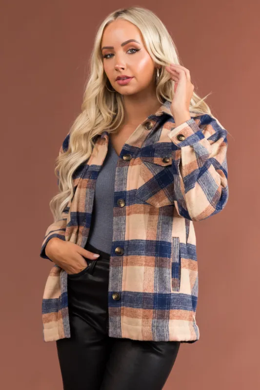 Beige and Navy Plaid Button Up Collared Shacket sold by Lime Lush
