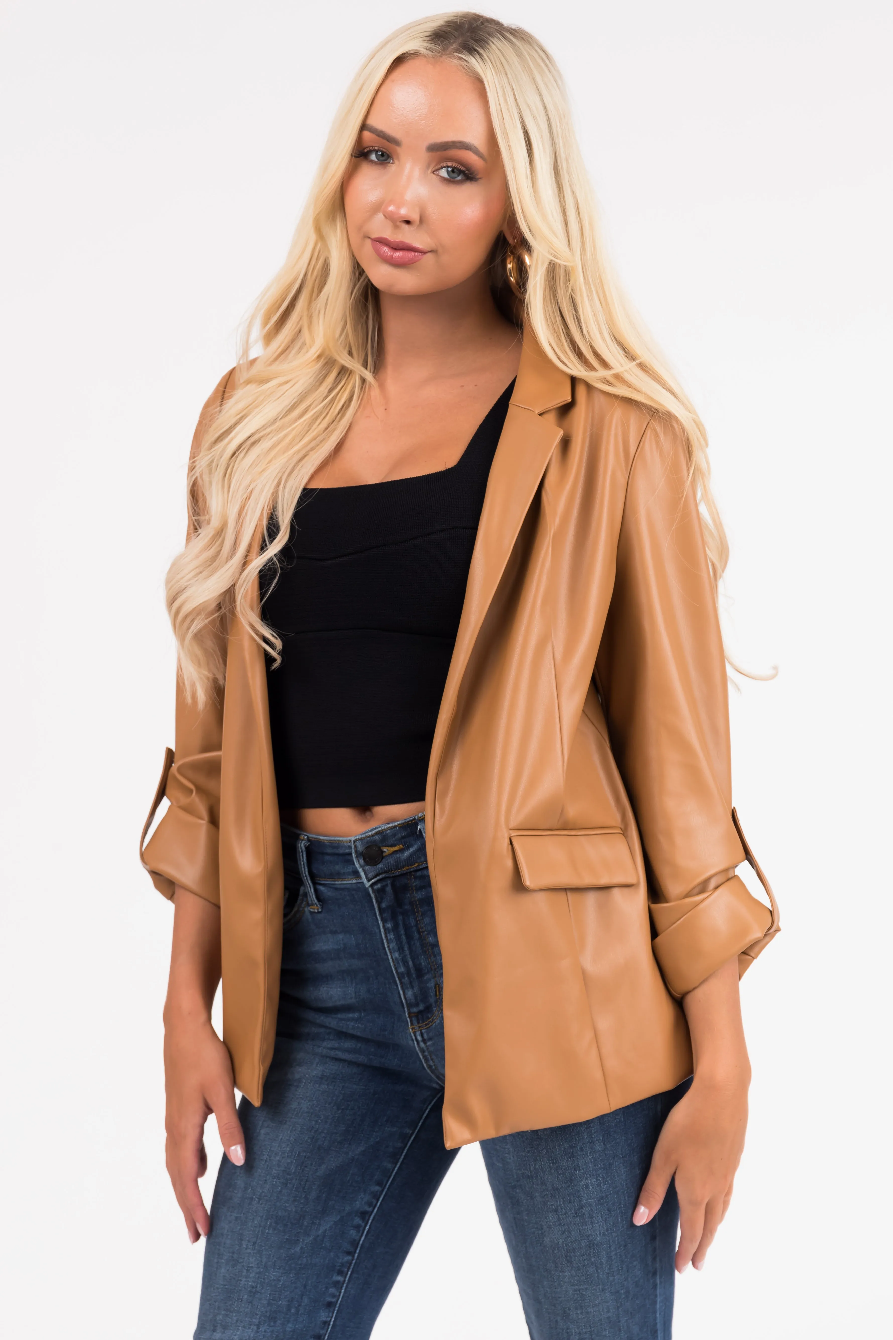 Brown Sugar Roll Up Sleeve Collared Blazer sold by Lime Lush