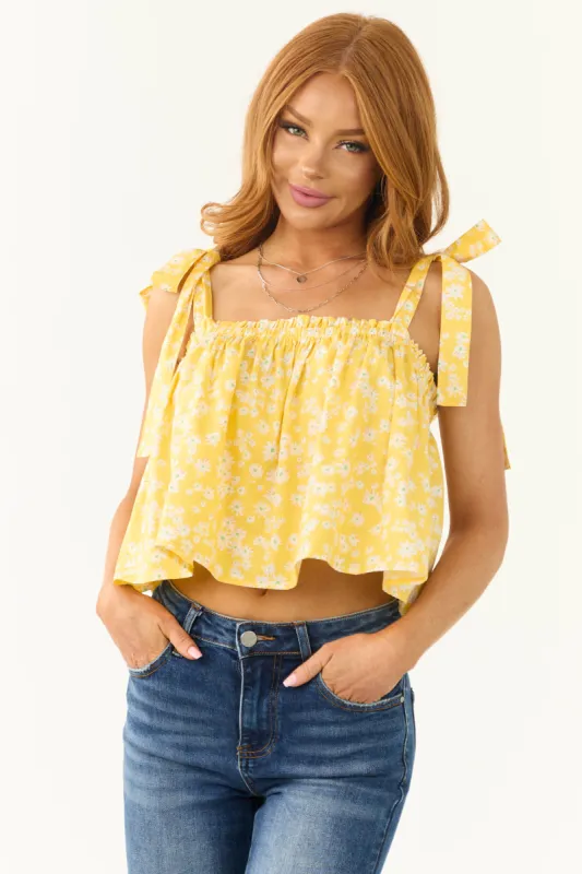 Canary Yellow Ditsy Floral Shoulder Tie Top sold by Lime Lush
