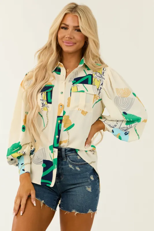 Cream Chain Abstract Print Button Up Blouse sold by Lime Lush