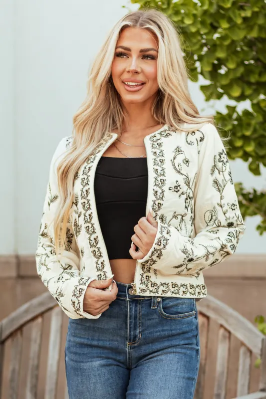 Vanilla Floral Embroidered Zip Up Jacket sold by Lime Lush