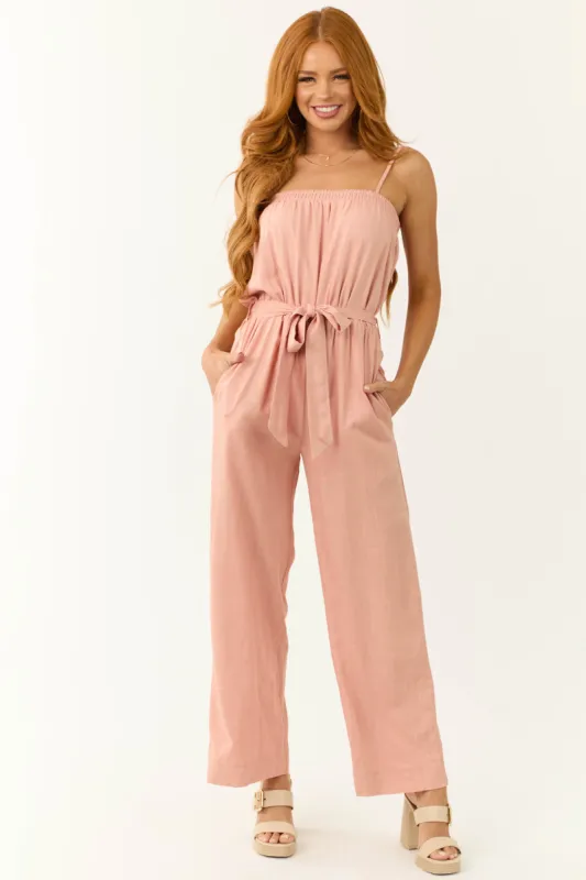 Blush Sleeveless Tie Waist Linen Jumpsuit sold by Lime Lush