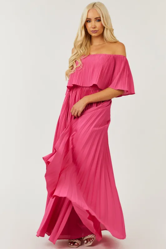 Hot Pink Pleated Off the Shoulder Maxi Dress sold by Lime Lush