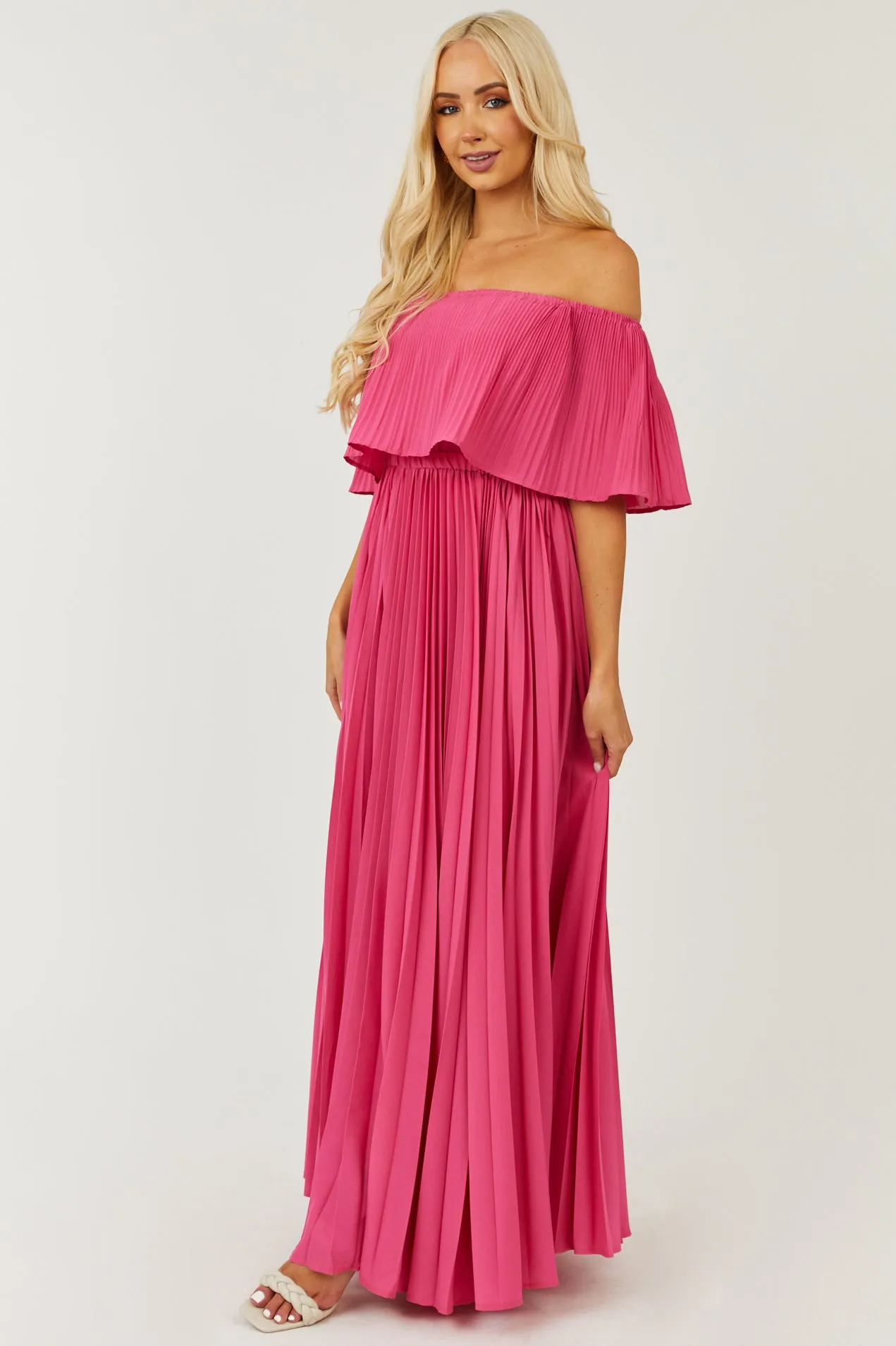 Hot Pink Pleated Off the Shoulder Maxi Dress sold by Lime Lush product image thumbnail 3