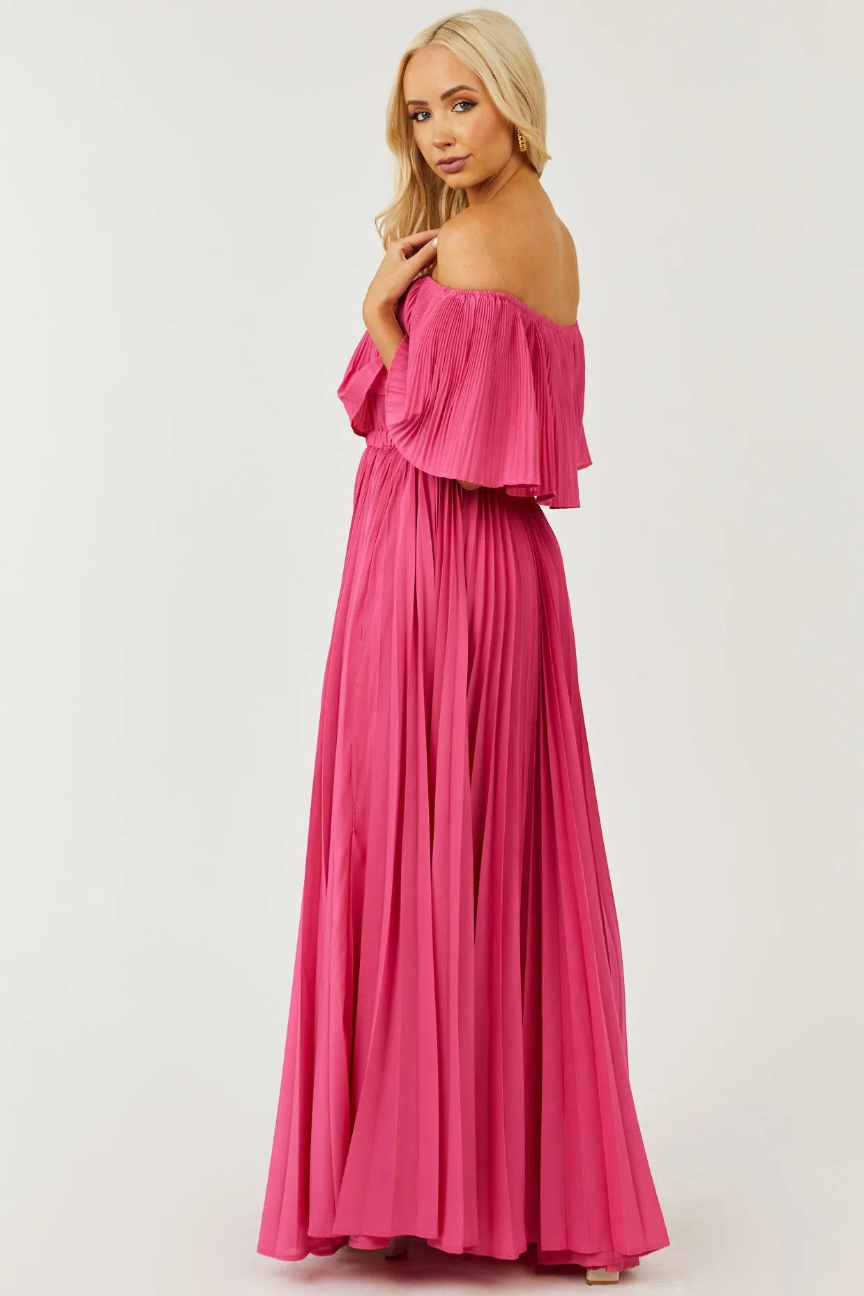 Hot Pink Pleated Off the Shoulder Maxi Dress sold by Lime Lush product image thumbnail 4