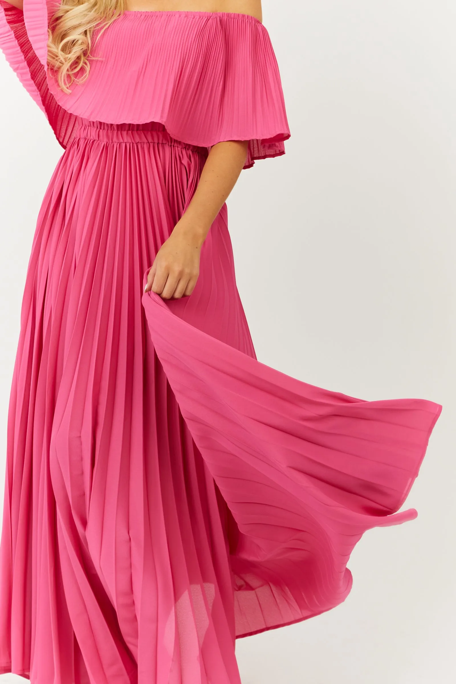 Hot Pink Pleated Off the Shoulder Maxi Dress sold by Lime Lush product image thumbnail 5
