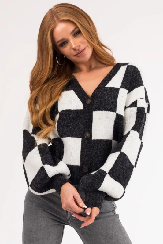 Charcoal and Cloud Grey Checkered Cardigan sold by Lime Lush