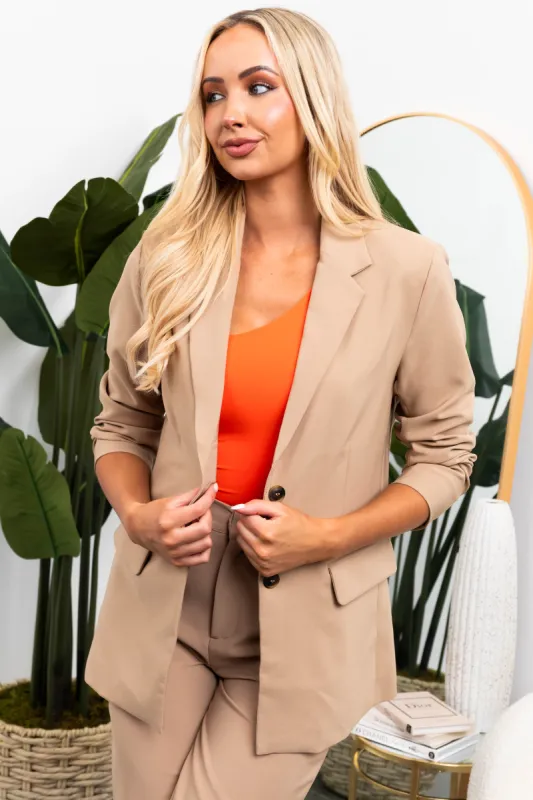 Latte Solid Double Button Long Blazer sold by Lime Lush
