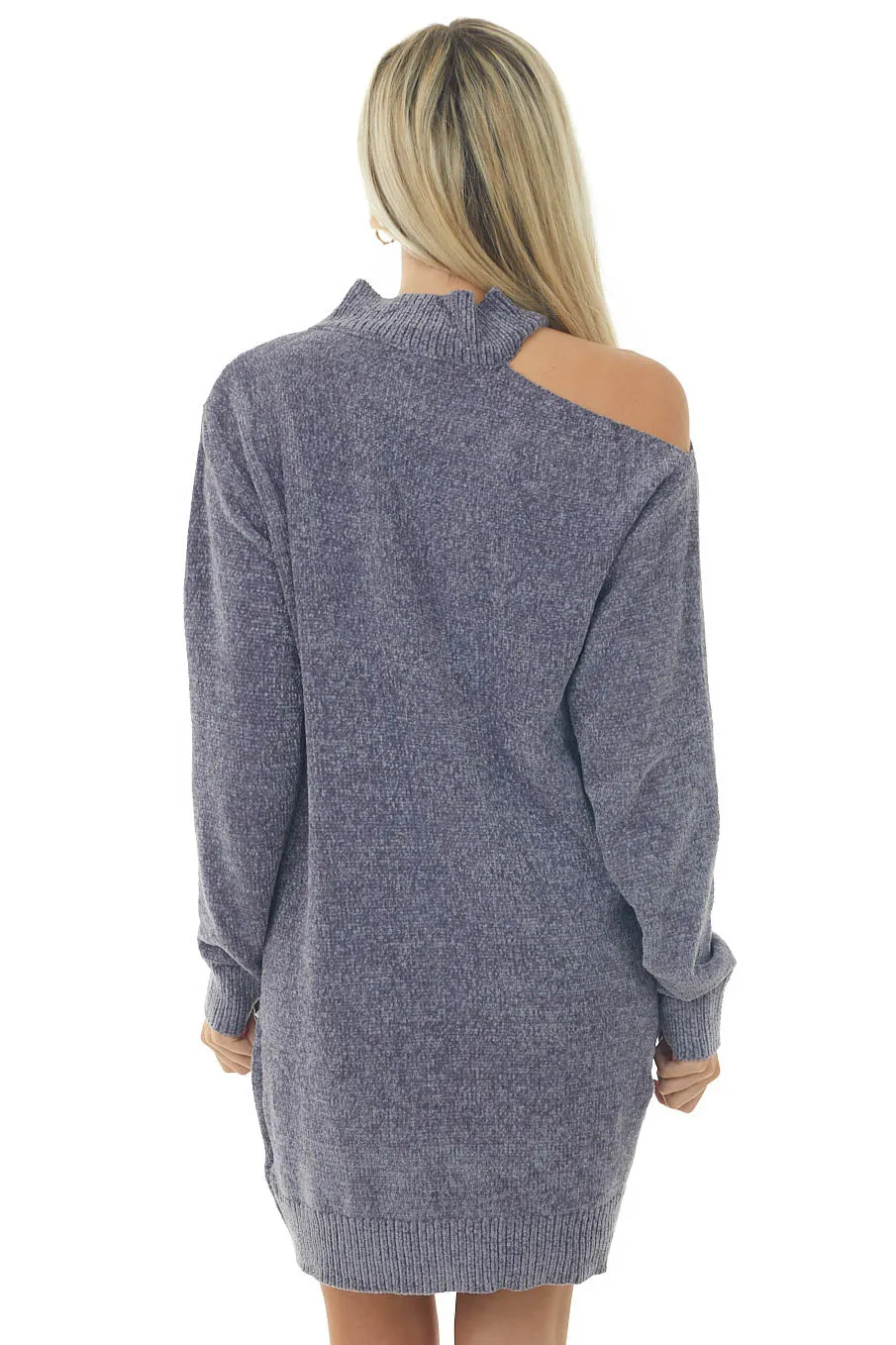 Stormy Grey Chenille Sweater Dress with Single Cold Shoulder sold by Lime Lush product image thumbnail 5