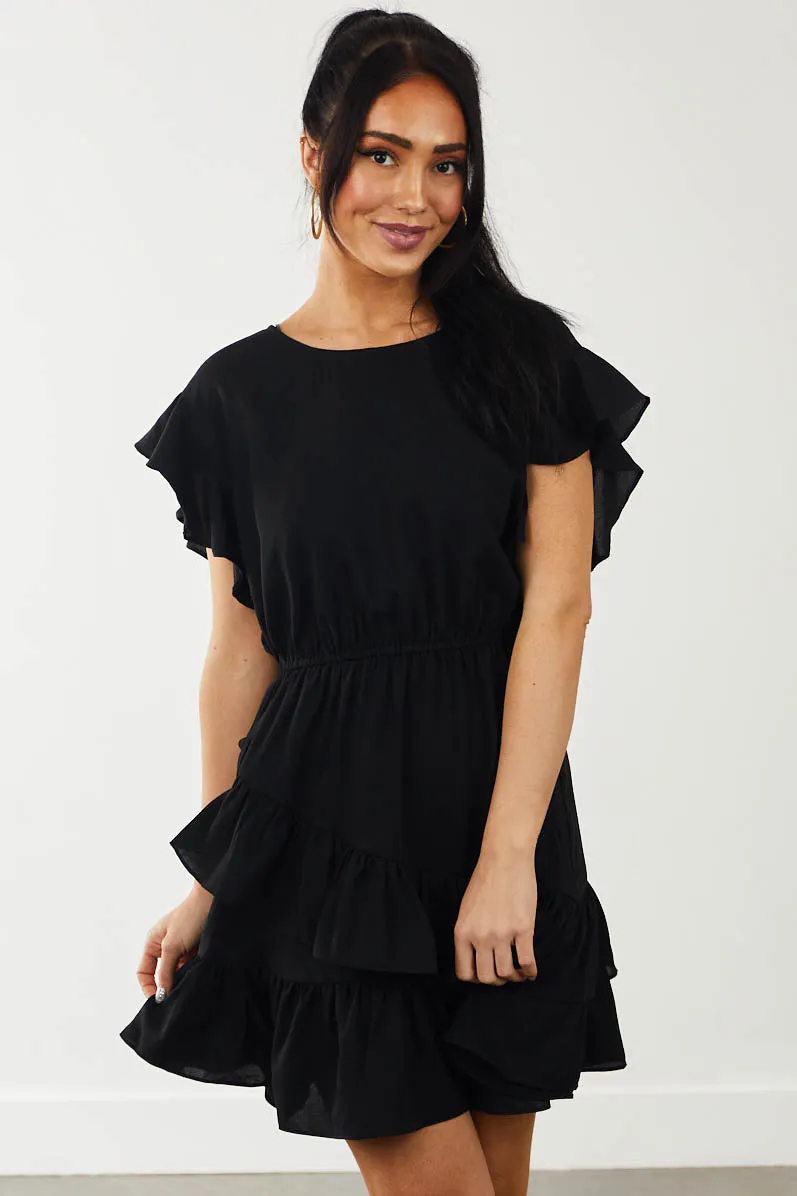 Black Asymmetrical Ruffle Overlay Mini Dress sold by Lime Lush