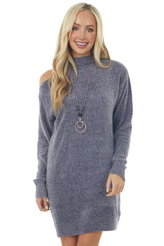Stormy Grey Chenille Sweater Dress with Single Cold Shoulder sold by Lime Lush