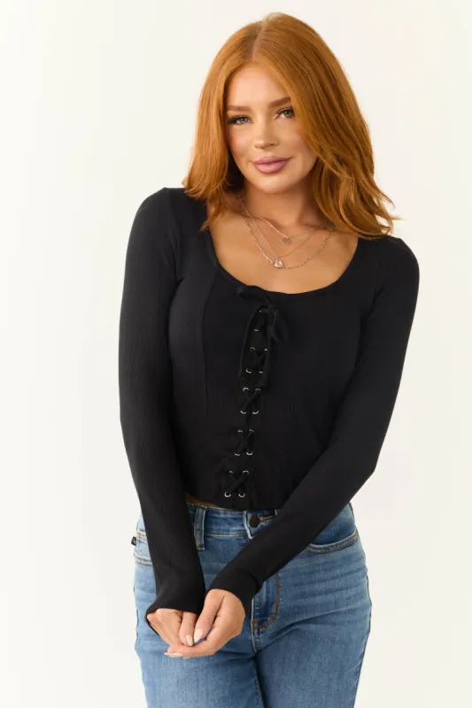 Black Lace Up Ribbed Knit Corset Top sold by Lime Lush